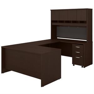 Pemberly Row 60W U Desk with Hutch and Drawers in Mocha Cherry - Engineered Wood