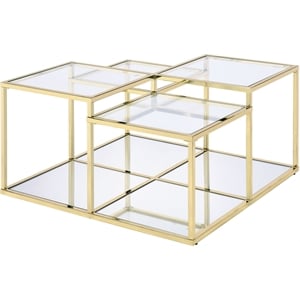 Pemberly Row Glass Top Coffee Table with Metal Frame in Clear Glass and Gold