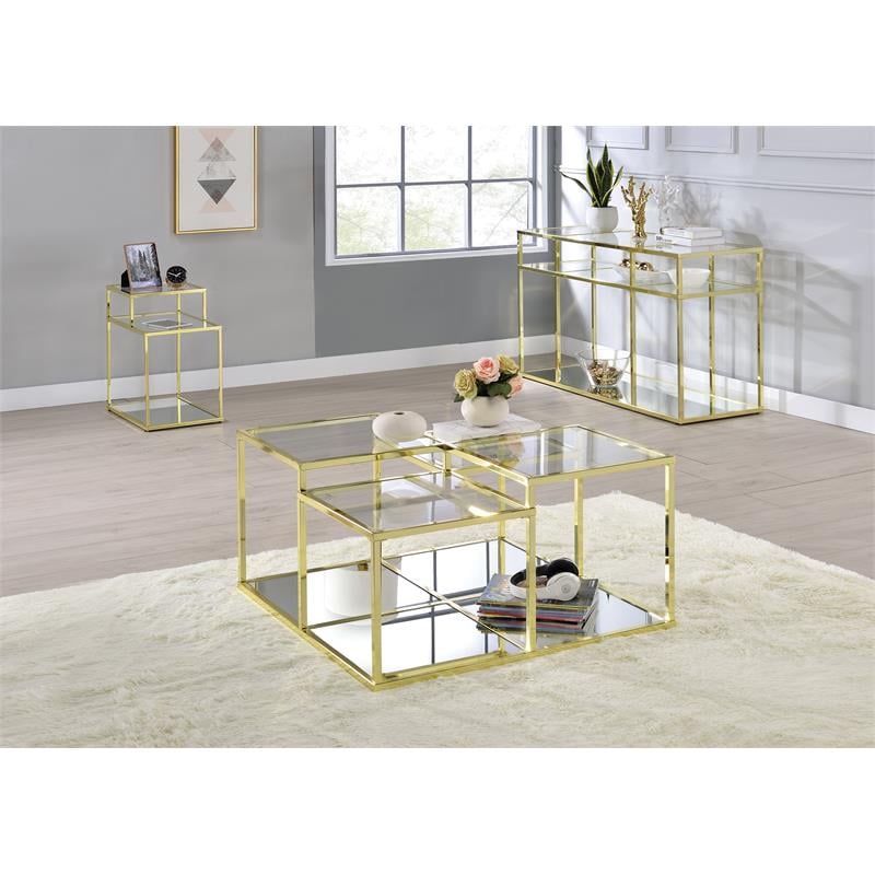 Pemberly Row Glass Top Coffee Table with Metal Frame in Clear Glass and Gold