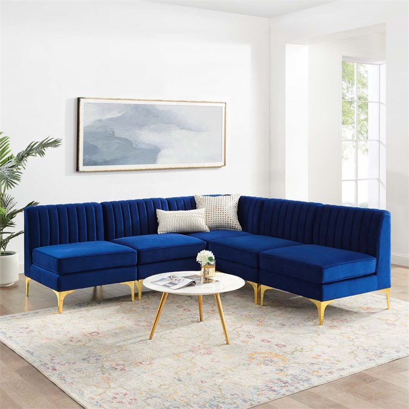Pemberly Row 5-Piece Channel Performance Velvet Tufted Sectional Sofa in Navy