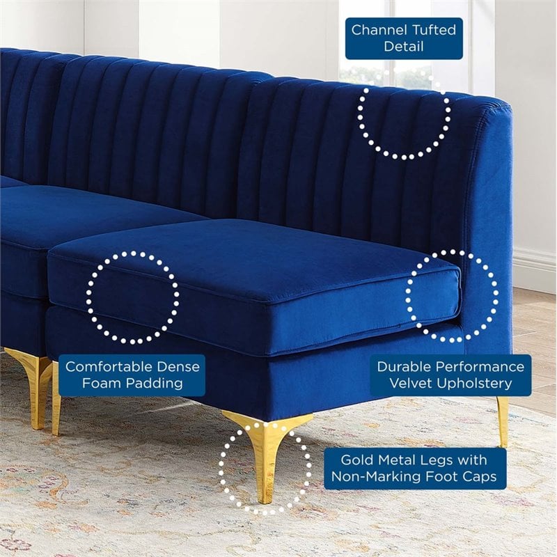 Pemberly Row 5-Piece Channel Performance Velvet Tufted Sectional Sofa in Navy