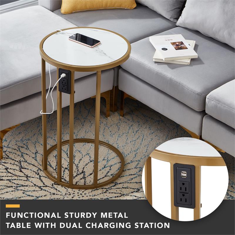 Pemberly Row End Table White with Faux Marble Veneer Top Gold Metal Base