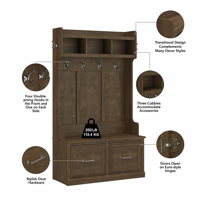 Pemberly Row Engineered Wood 40W Hall Tree and Shoe Bench with Doors - Ash Brown