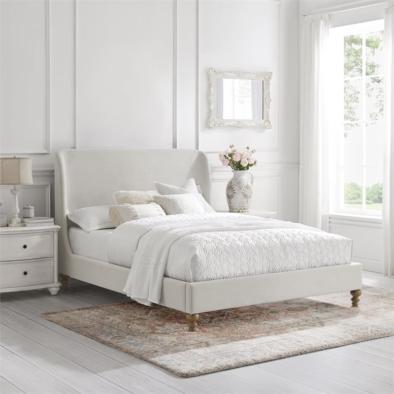 Pemberly Row Bed Cream White Linen Twin Wingback Upholstered