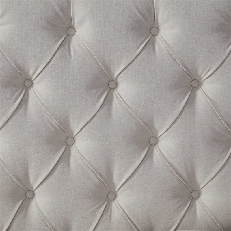 Pemberly Row Bed Gray wood Linen King Rolled Top Button Tufted Nailhead Trim