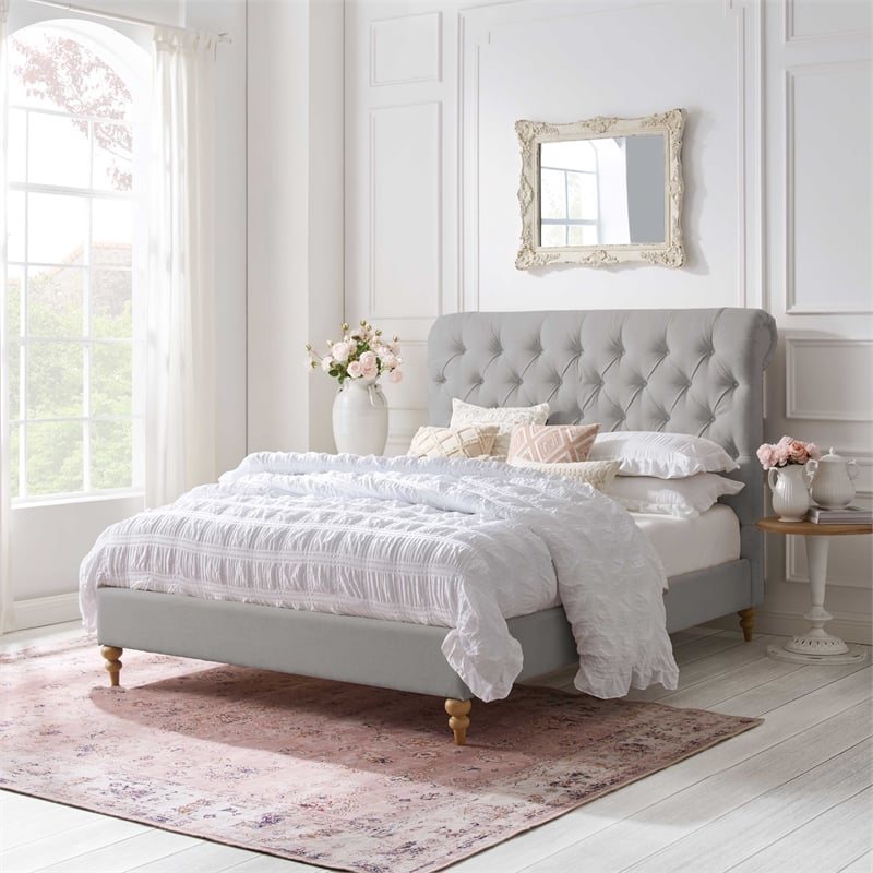 Pemberly Row Bed Gray wood Linen King Rolled Top Button Tufted Nailhead Trim