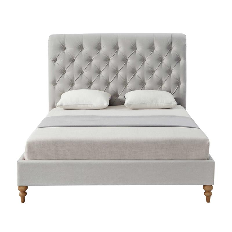 Pemberly Row Bed Gray wood Linen King Rolled Top Button Tufted Nailhead Trim