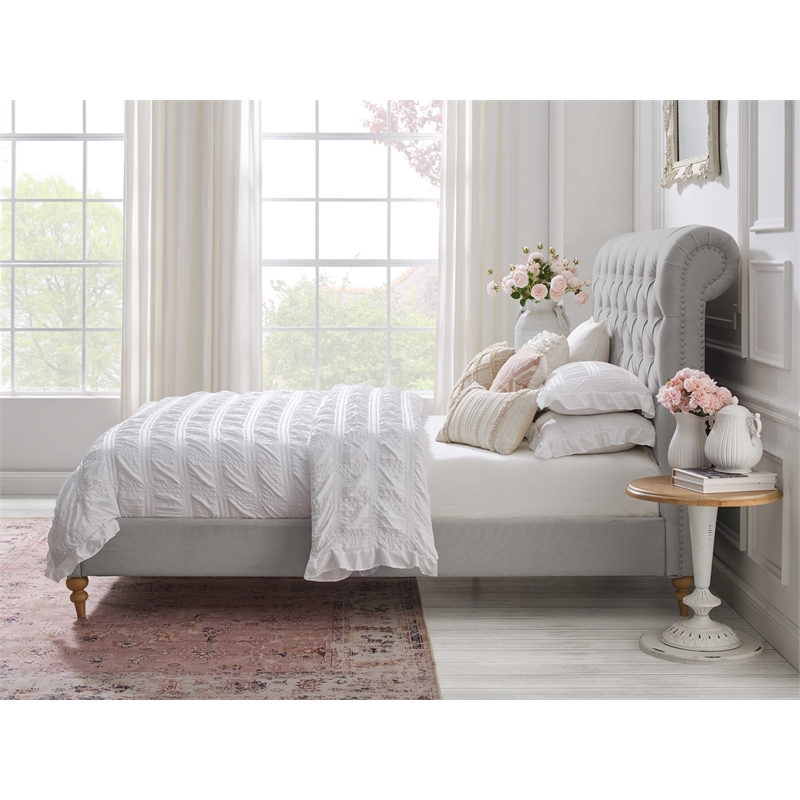 Pemberly Row Bed Gray wood Linen King Rolled Top Button Tufted Nailhead Trim