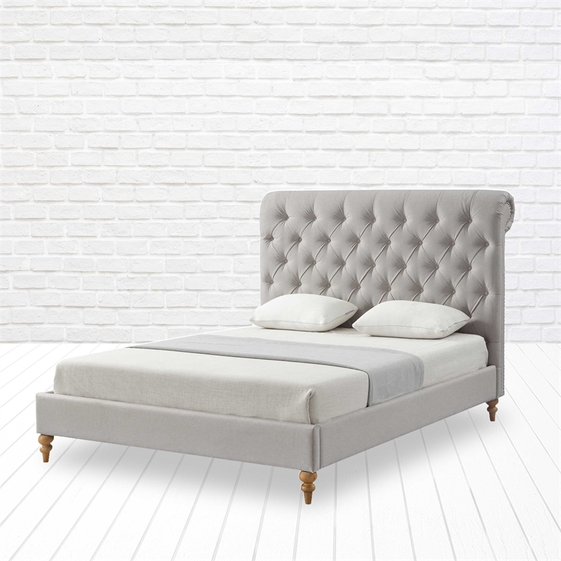 Pemberly Row Bed Gray wood Linen King Rolled Top Button Tufted Nailhead Trim