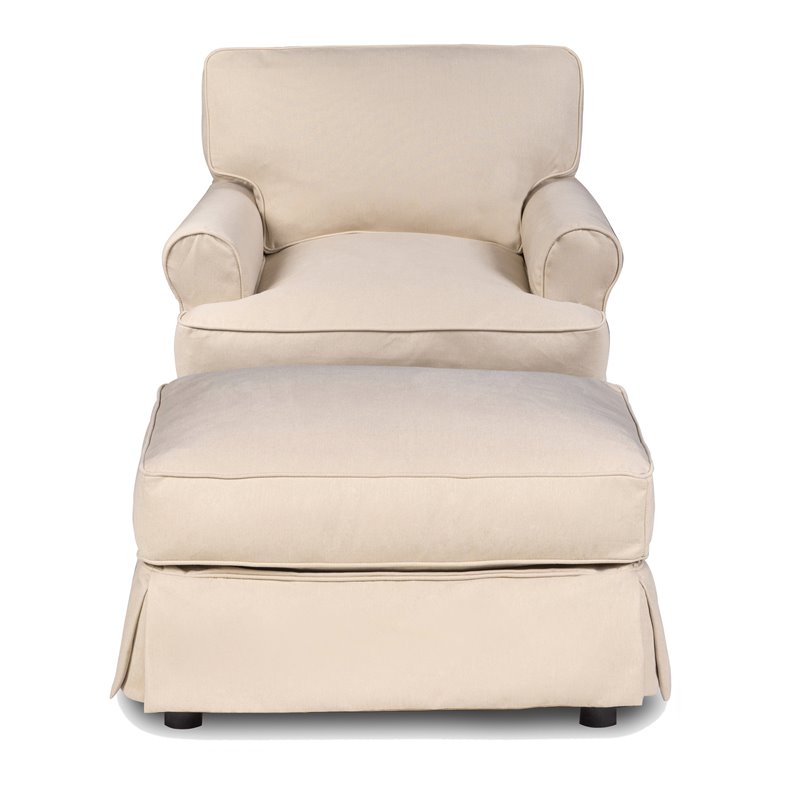 Pemberly Row T-Cushion Fabric Slipcovered Chair with Ottoman in Tan
