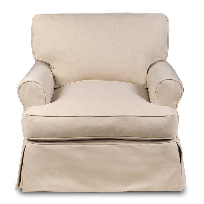 Pemberly Row T-Cushion Fabric Slipcovered Chair with Ottoman in Tan