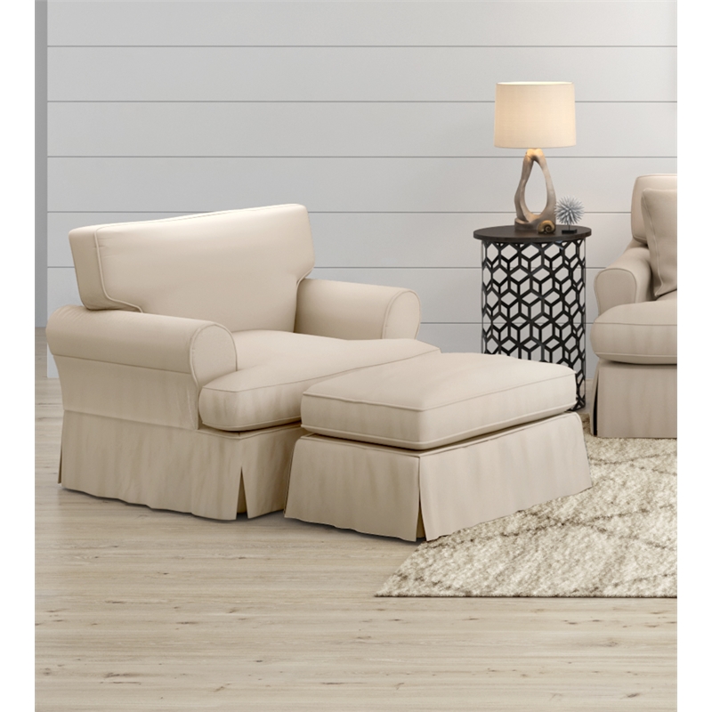 Pemberly Row T-Cushion Fabric Slipcovered Chair with Ottoman in Tan