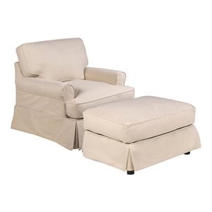 Pemberly Row T-Cushion Fabric Slipcovered Chair with Ottoman in Tan