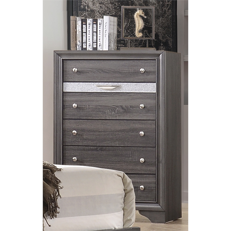 Pemberly Row Traditional Style 5 Drawer Chest in Gray Color made with Wood