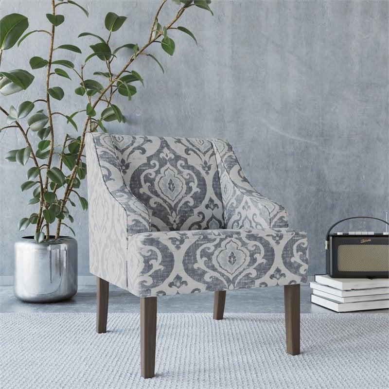 Pemberly Row Traditional Wood and Fabric Swoop Accent Chair in Suri Blue