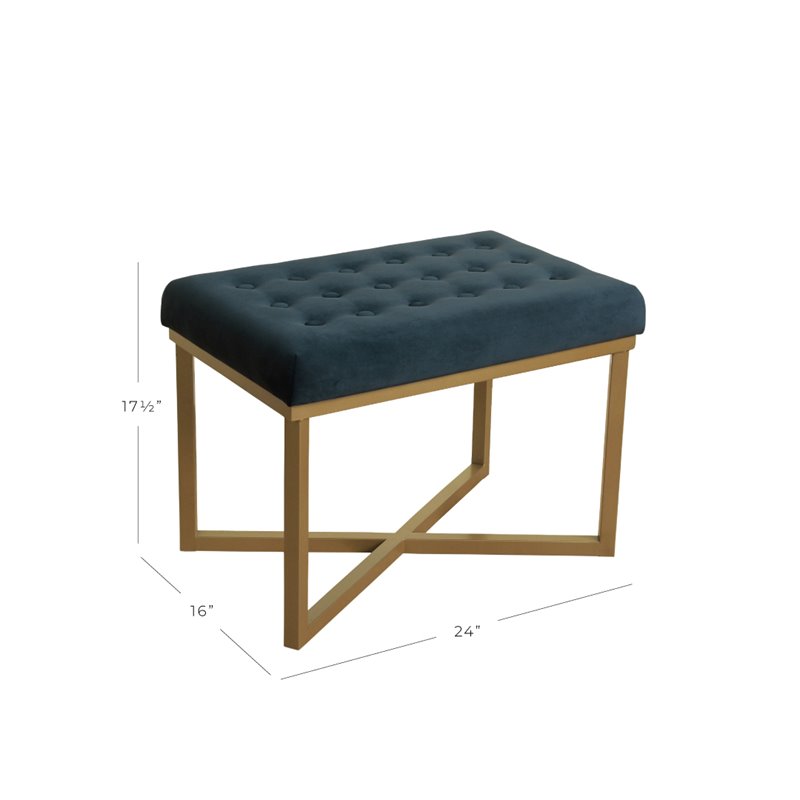 Pemberly Row Modern Metal Bench with Velvet Seat in Dark Blue Finish