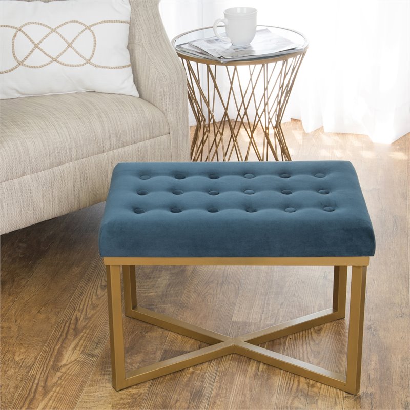 Pemberly Row Modern Metal Bench with Velvet Seat in Dark Blue Finish