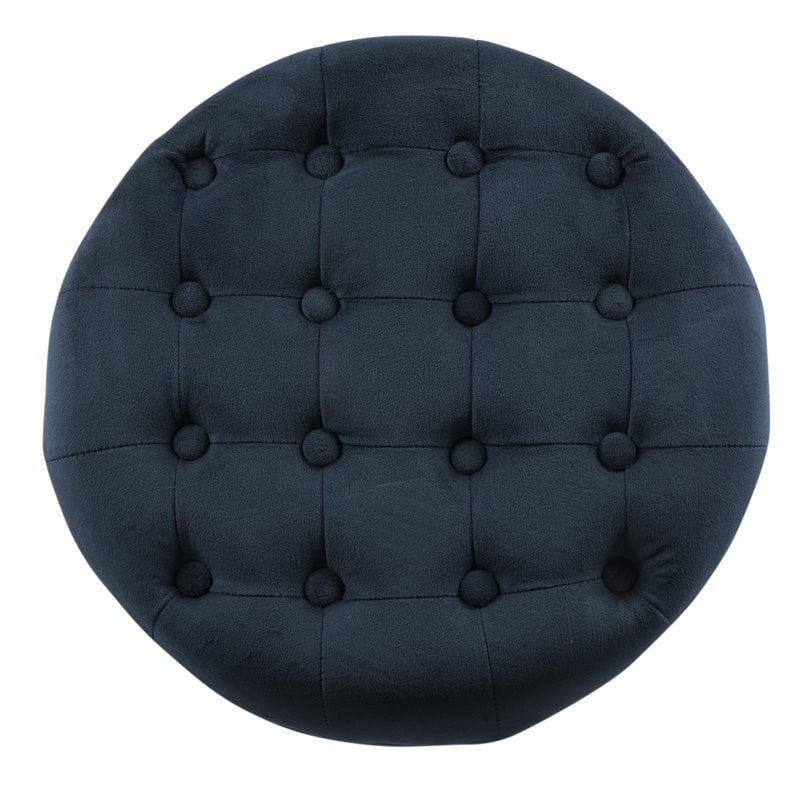 Pemberly Row Round Wood and Velvet Ottoman with Storage in Dark Blue