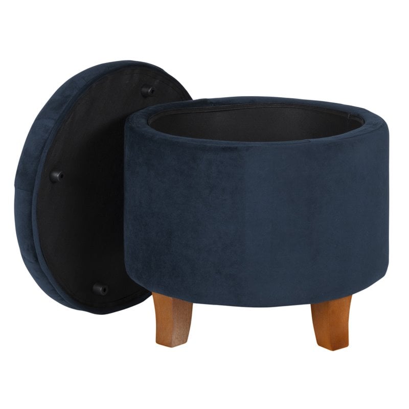 Pemberly Row Round Wood and Velvet Ottoman with Storage in Dark Blue