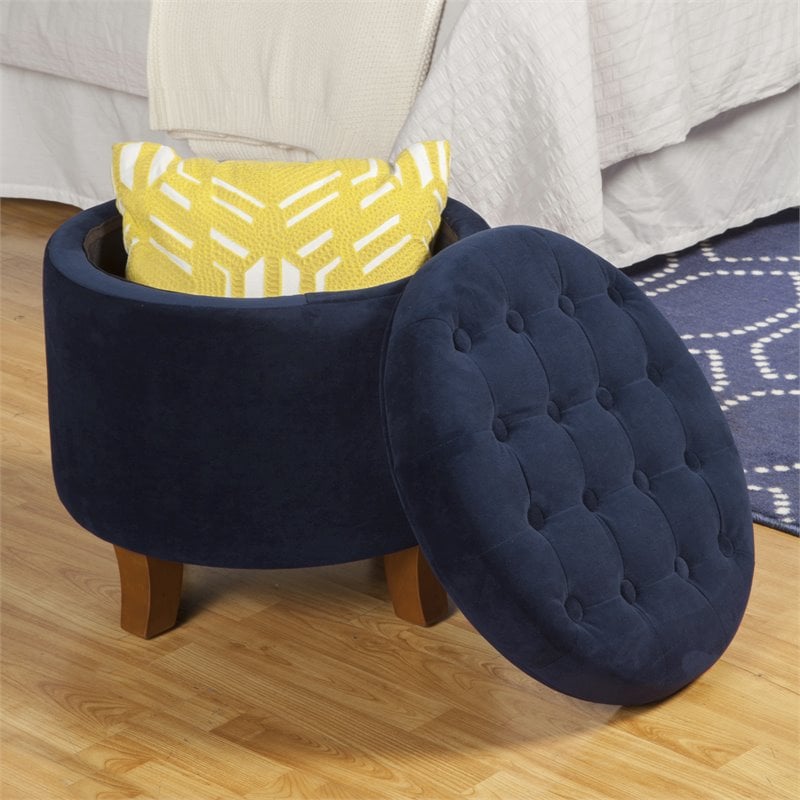 Pemberly Row Round Wood and Velvet Ottoman with Storage in Dark Blue