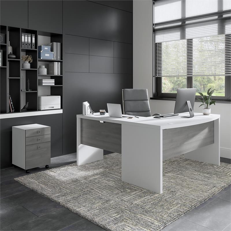 Pemberly Row Engineered Wood L-Shaped Bow Front Desk with Drawers - White & Gray