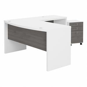 Pemberly Row Engineered Wood L-Shaped Bow Front Desk with Drawers - White & Gray