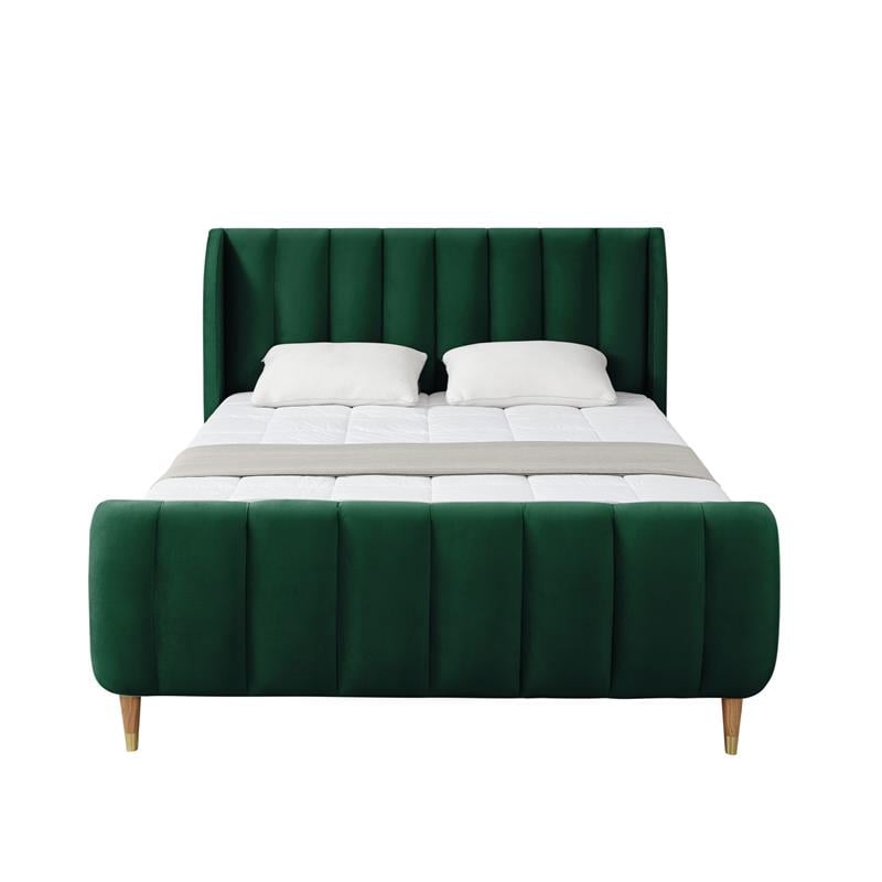 Pemberly Row Green Velvet King Upholstered Channel Tufted Bed