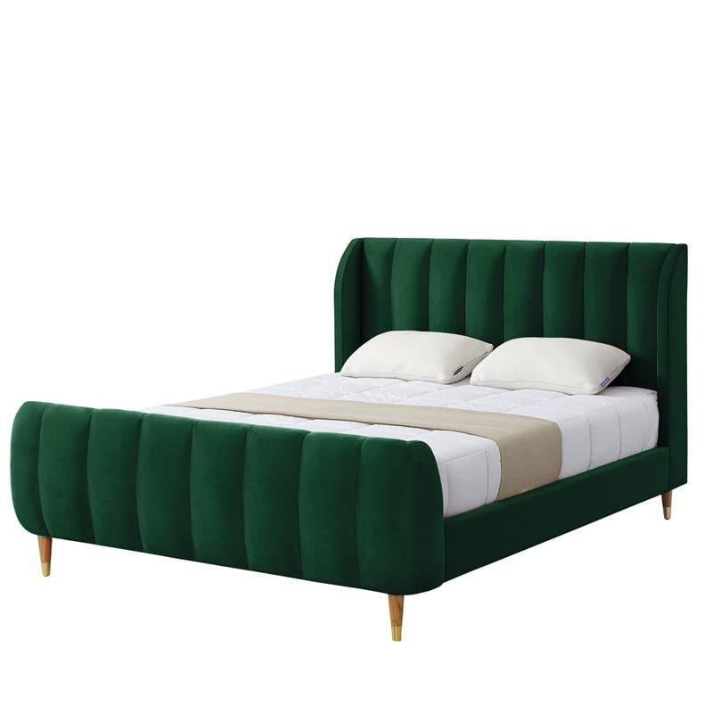 Pemberly Row Green Velvet King Upholstered Channel Tufted Bed
