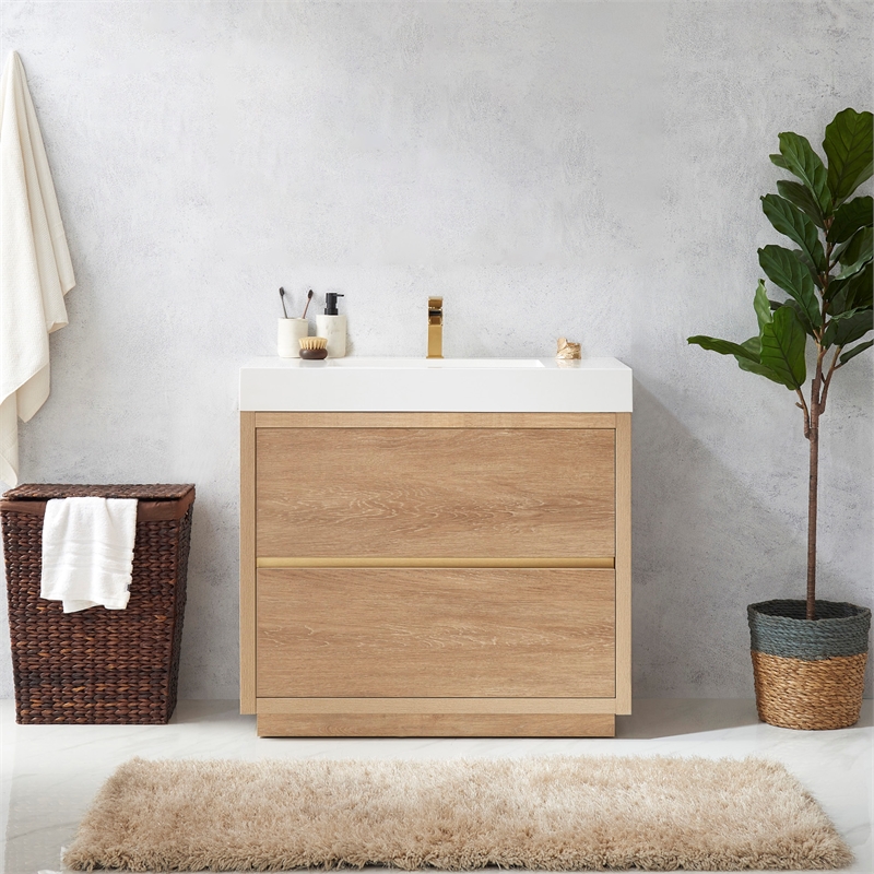 Pemberly Row Single Sink Bathroom Vanity Natural Oak Wood White Top - No Mirror
