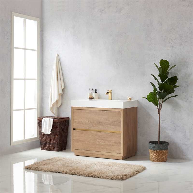 Pemberly Row Single Sink Bathroom Vanity Natural Oak Wood White Top - No Mirror
