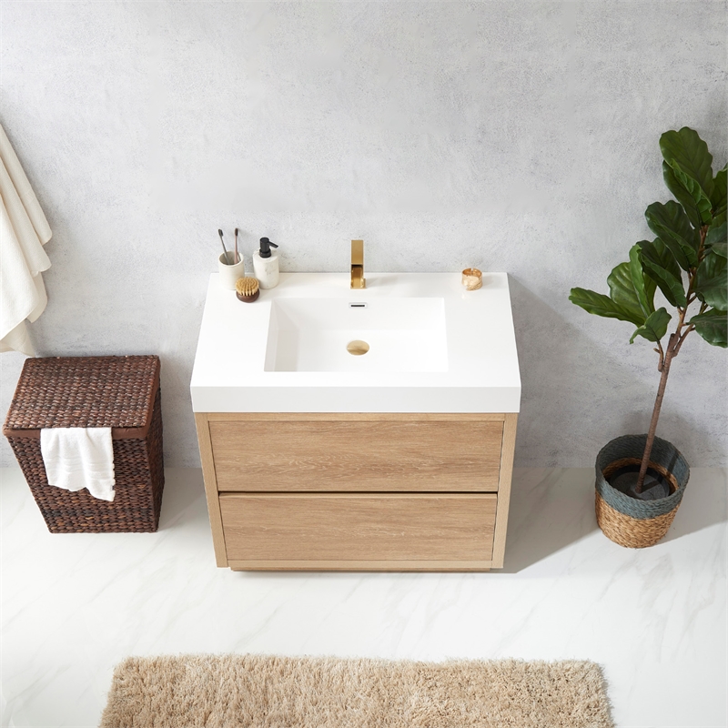 Pemberly Row Single Sink Bathroom Vanity Natural Oak Wood White Top - No Mirror