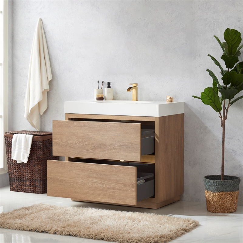 Pemberly Row Single Sink Bathroom Vanity Natural Oak Wood White Top - No Mirror