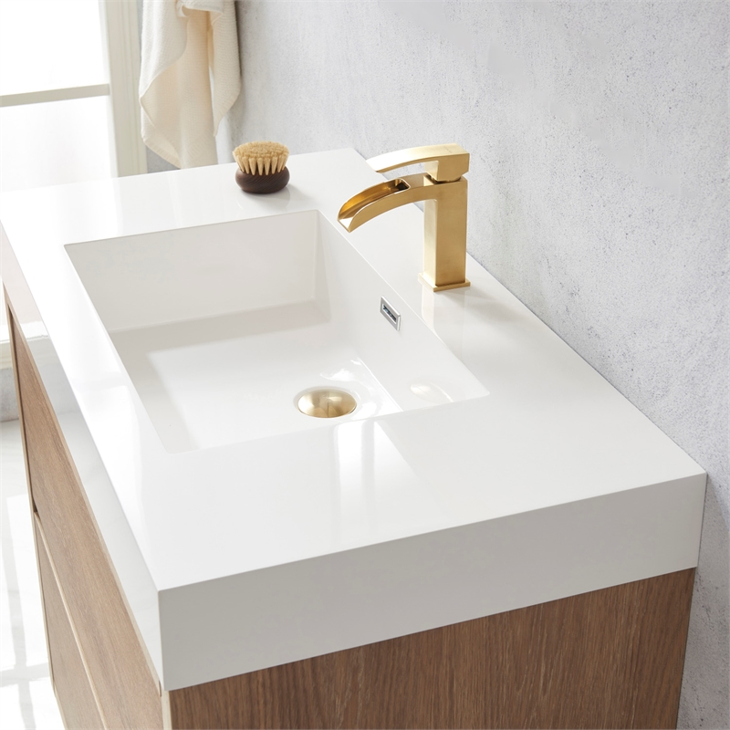 Pemberly Row Single Sink Bathroom Vanity Natural Oak Wood White Top - No Mirror