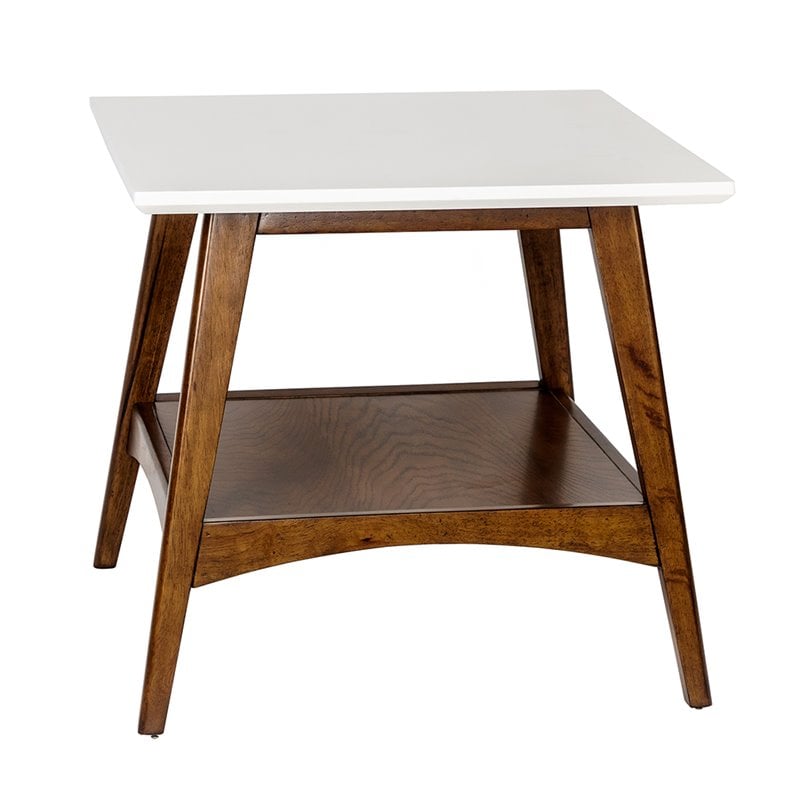 Pemberly Row Mid-Century Rubber Wood End Table in Off White/Pecan