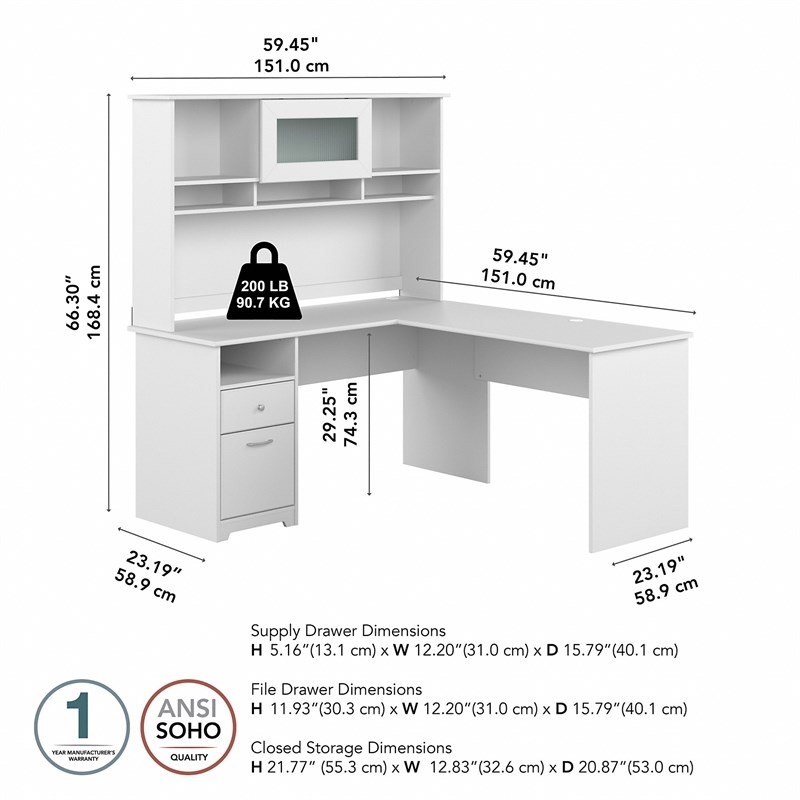 Pemberly Row 60W L-Shaped Computer Desk with Hutch in White - Engineered Wood