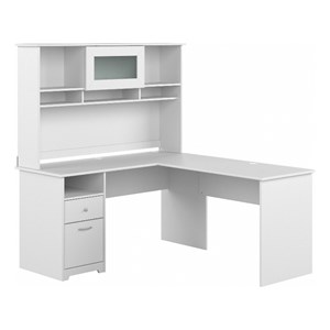 Pemberly Row 60W L-Shaped Computer Desk with Hutch in White - Engineered Wood