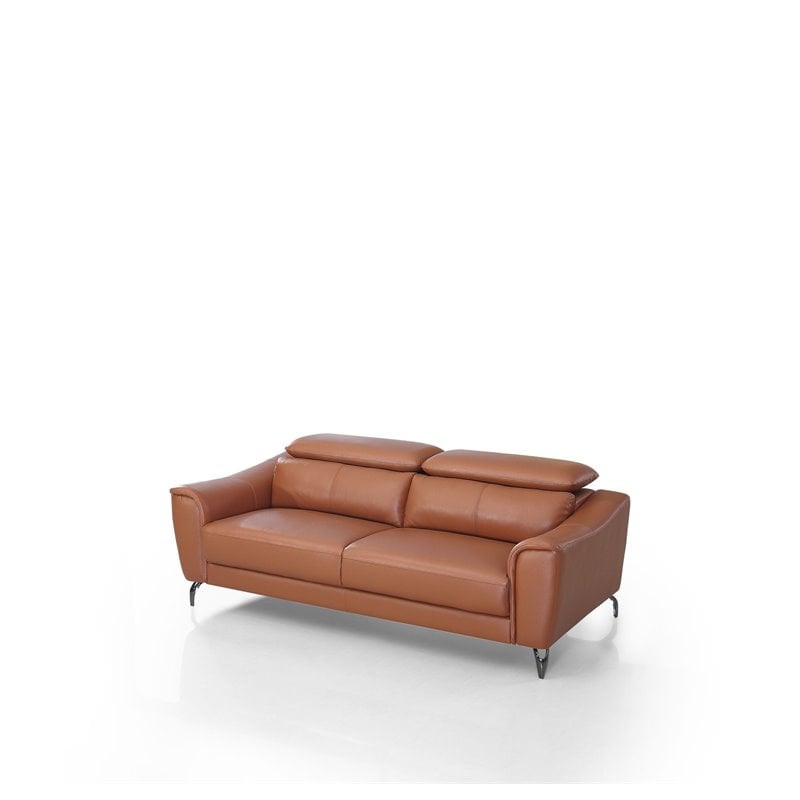 Pemberly Row Adjustable Headrest Modern Cognac Leather Sofa in Brown
