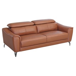 Pemberly Row Adjustable Headrest Modern Cognac Leather Sofa in Brown
