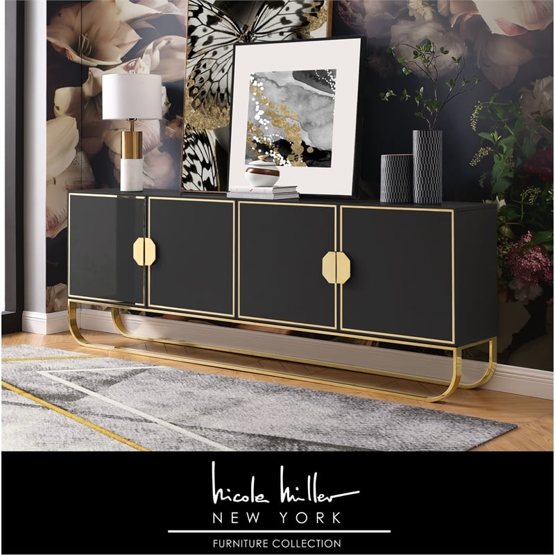 Pemberly Row Contemporary Wood Sideboard in Black / Gold Finish