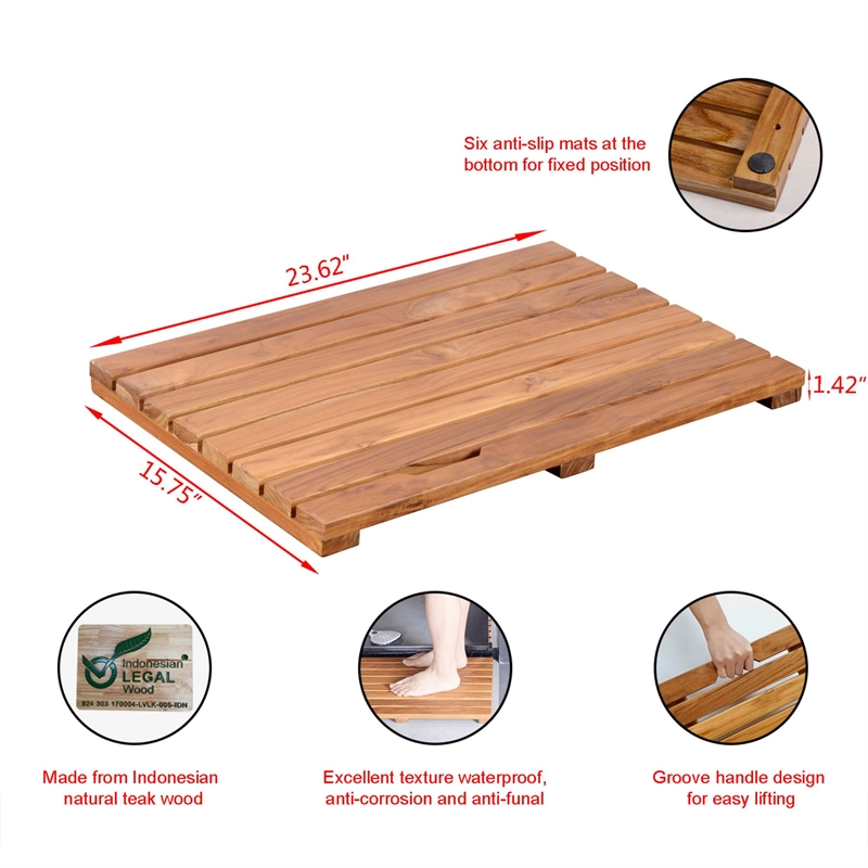 Pemberly Row Teak Shower Mat Non-Slip - Sturdy Waterproof Wooden Floor Mat