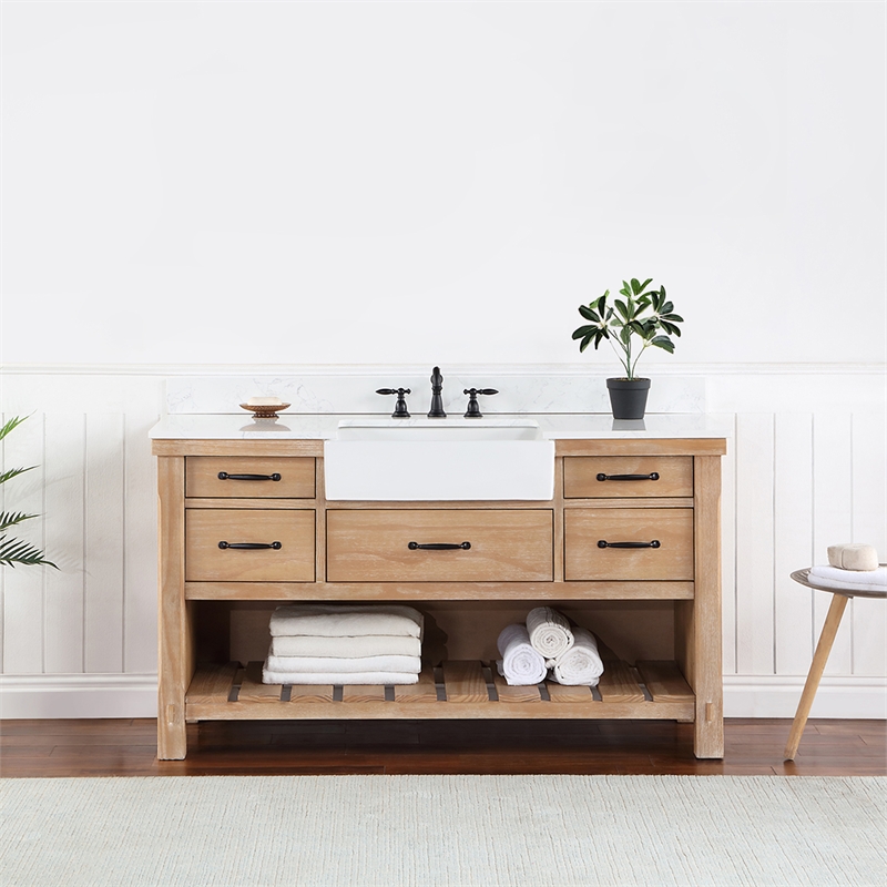 Pemberly Row Single Bath Vanity in Weathered Pine Wood & White Farmhouse Basin
