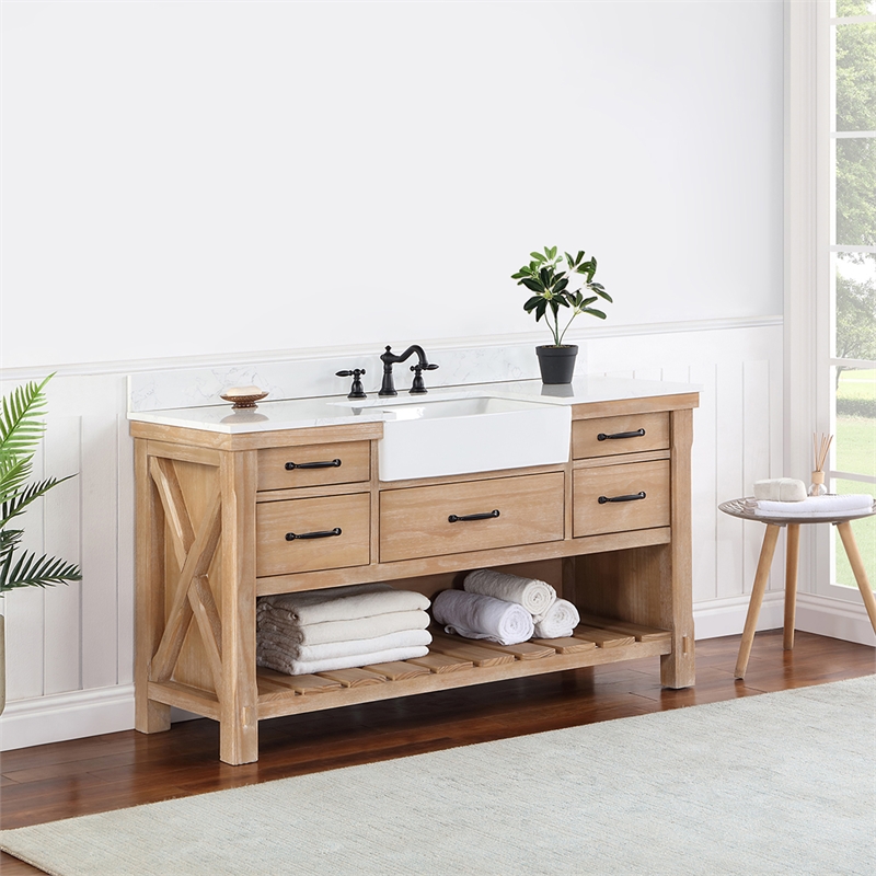 Pemberly Row Single Bath Vanity in Weathered Pine Wood & White Farmhouse Basin
