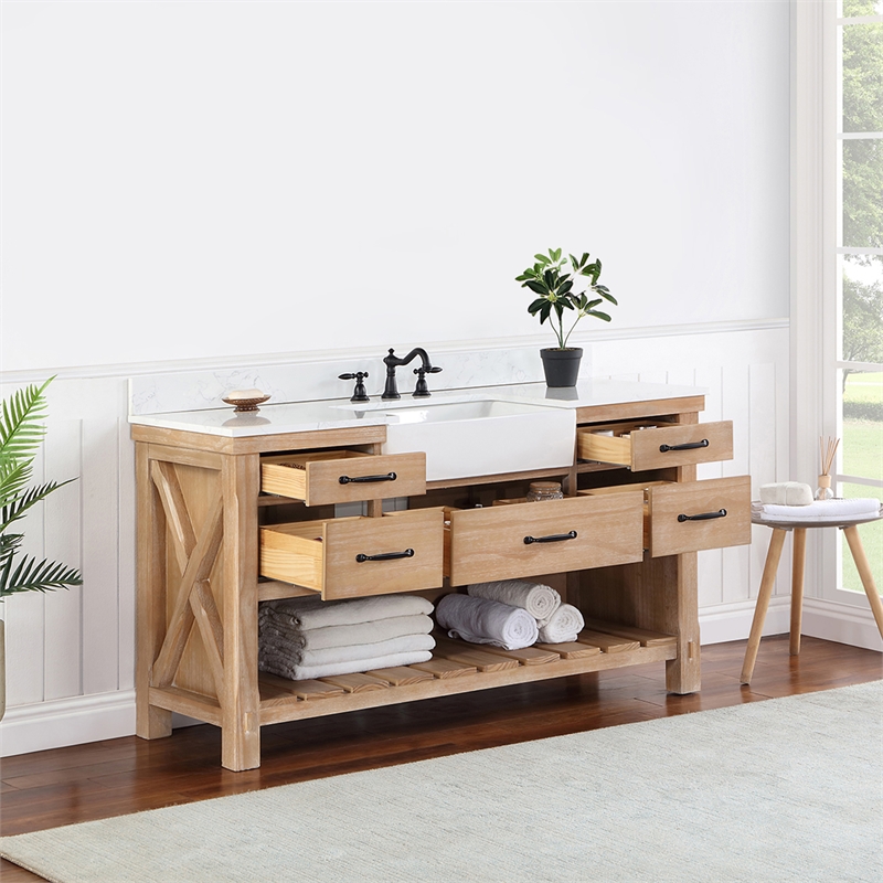 Pemberly Row Single Bath Vanity in Weathered Pine Wood & White Farmhouse Basin