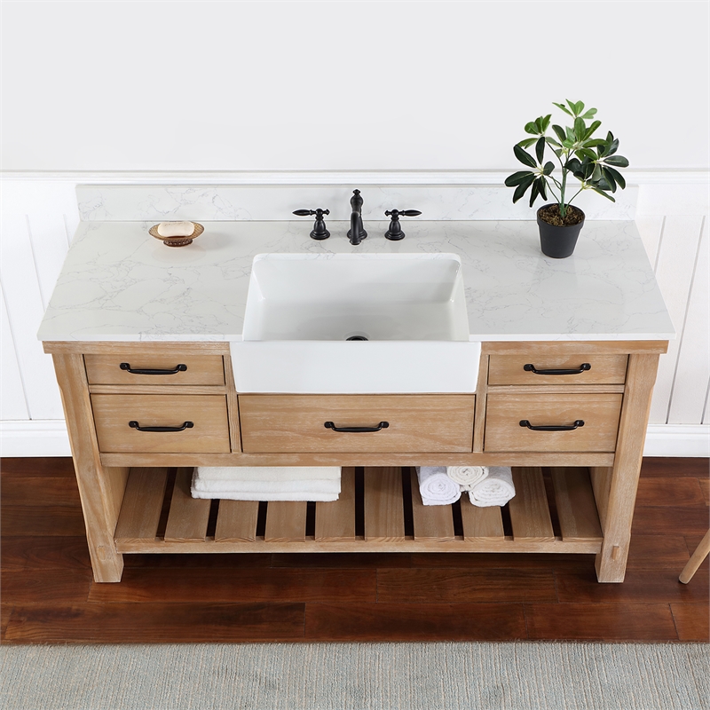 Pemberly Row Single Bath Vanity in Weathered Pine Wood & White Farmhouse Basin