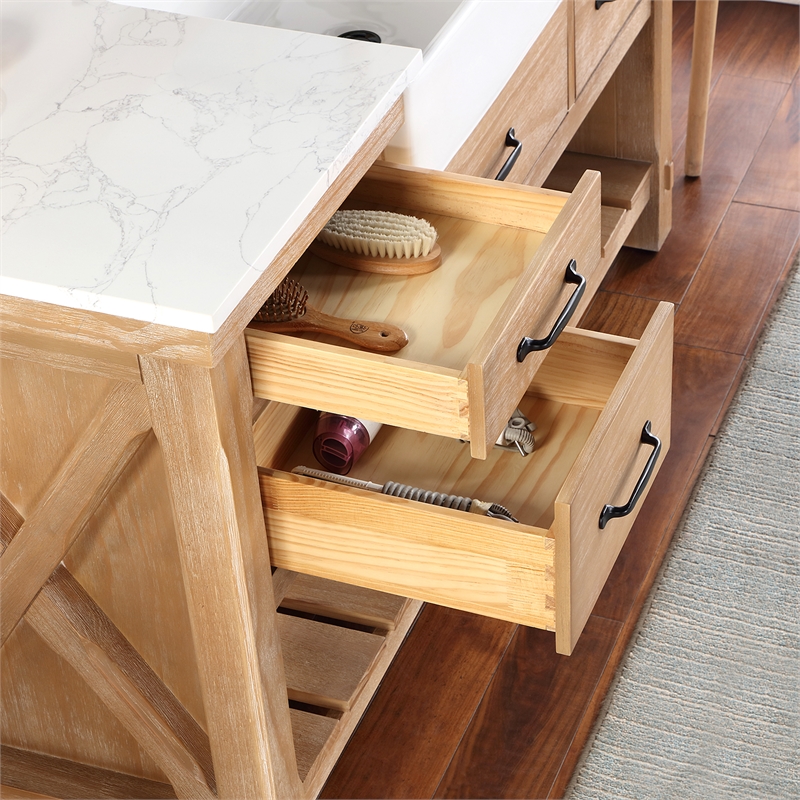Pemberly Row Single Bath Vanity in Weathered Pine Wood & White Farmhouse Basin