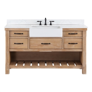 Pemberly Row Single Bath Vanity in Weathered Pine Wood & White Farmhouse Basin