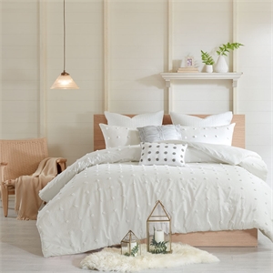 Pemberly Row Contemporary Cotton Jacquard Duvet Cover Set in Ivory