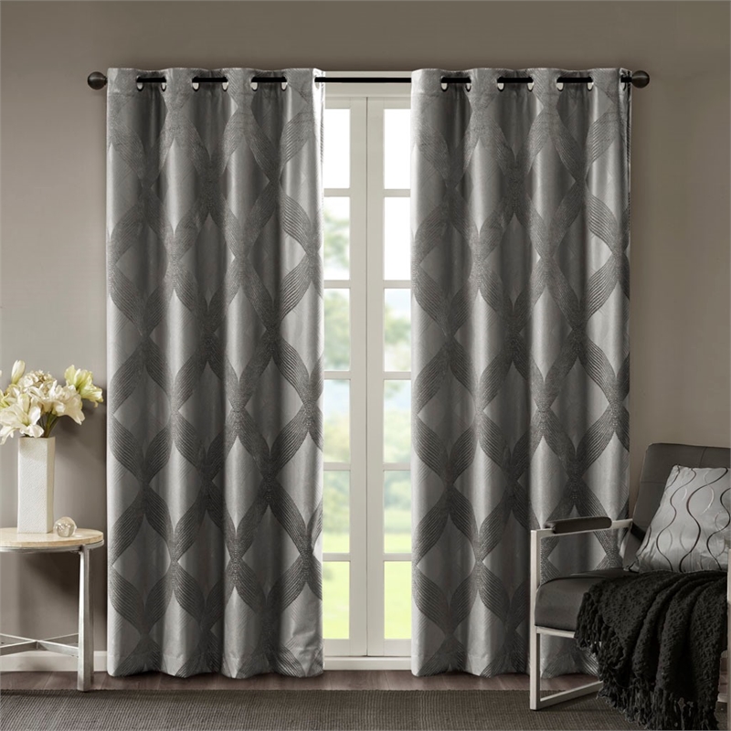 Pemberly Row Ogee Knitted Jacquard Total Blackout Panel in Charcoal