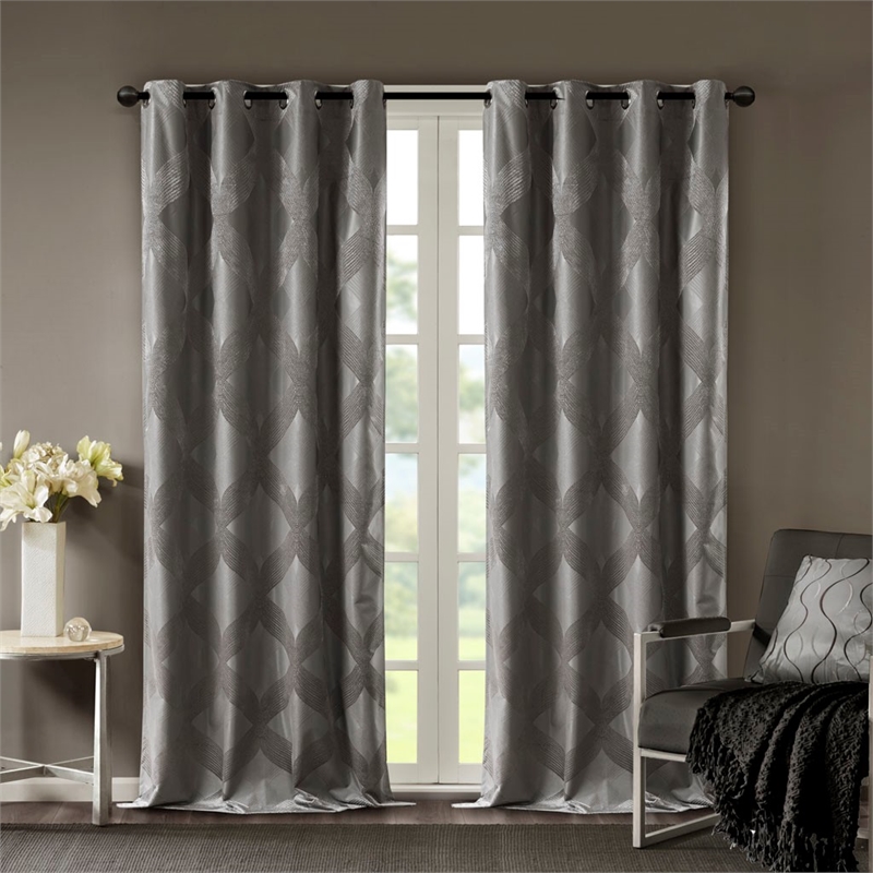 Pemberly Row Ogee Knitted Jacquard Total Blackout Panel in Charcoal