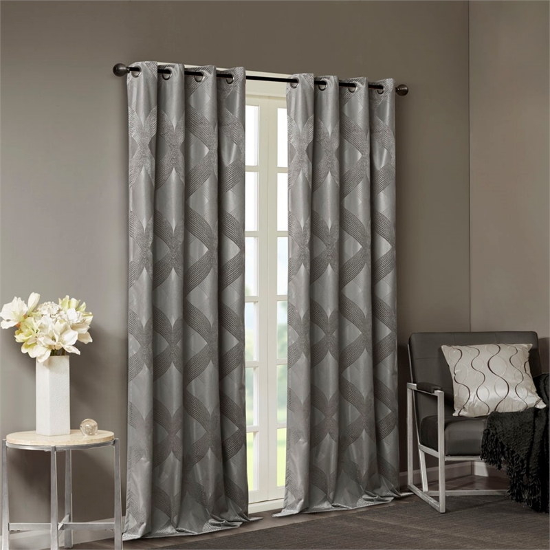 Pemberly Row Ogee Knitted Jacquard Total Blackout Panel in Charcoal